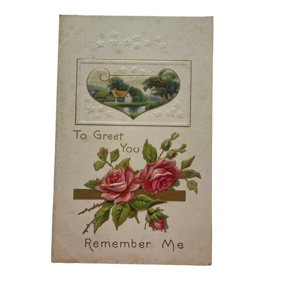 Antique Embossed Postcard Roses Cottage Scene To Greet You Remember Me Early u - Picture 1 of 2